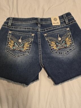 Miss Me Embroidered Denim Cutoff Shorts - Blue with Yellow & Teal Accents